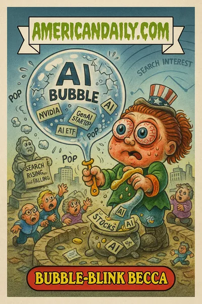 Cartoon parody trading card: a large transparent bubble labeled "AI Bubble" with cracks and tiny holes, inside floating AI stock logos. A wide-eyed "Bubble-Blink Becca" holds a wand stuck in the bubble. Below, retail investors scramble as icons fall. In background, a leaning "Bubble Watcher" statue displays "Searches Rising... Then Falling," and radar lines show search interest peaking then fading. Top banner: "AMERICANDAILY.COM."