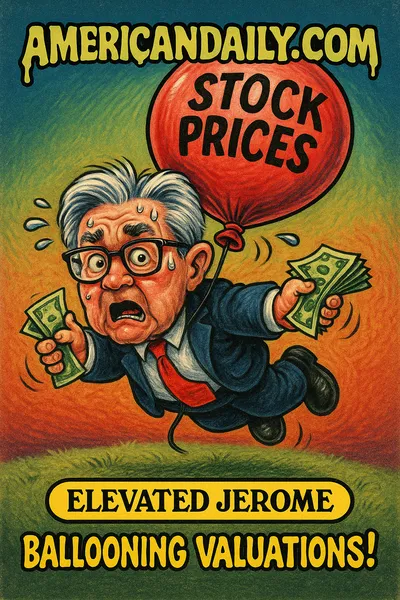 Cartoon trading card of a bloated Fed chair blowing a huge "Bubble" balloon in a room full of sector balloons, a crack forming in the floor labeled "Risk," investors riding a rollercoaster of stock charts, sharp contrasts of light and shadow.