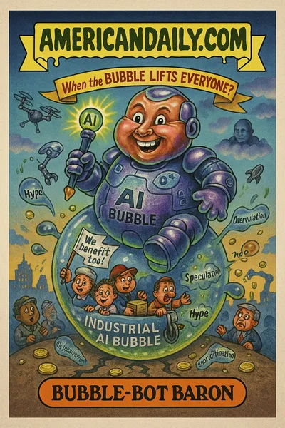Parody trading card: a balloon-inflated AI baron sits atop a giant bubble labeled "Industrial AI Bubble," holding an AI chip scepter. Below, a bubble vehicle with teachers, doctors, delivery drivers ride along waving "We benefit too!" banners. Around them, smaller bubbles burst reading "Hype," "Overvaluation." Drones and algorithm streams float overhead. Top banner "AMERICANDAILY.COM."