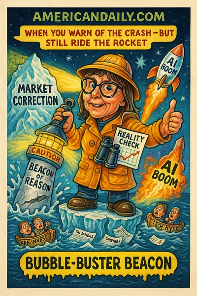 Parody trading card showing a lighthouse labeled "Beacon of Reason" between a giant iceberg marked "Market Correction" and a launching rocket labeled "AI Boom." A caricature of Cathie Wood lights a warning beam toward the iceberg while giving a thumbs-up to the rocket. Top banner reads "AMERICANDAILY.COM."