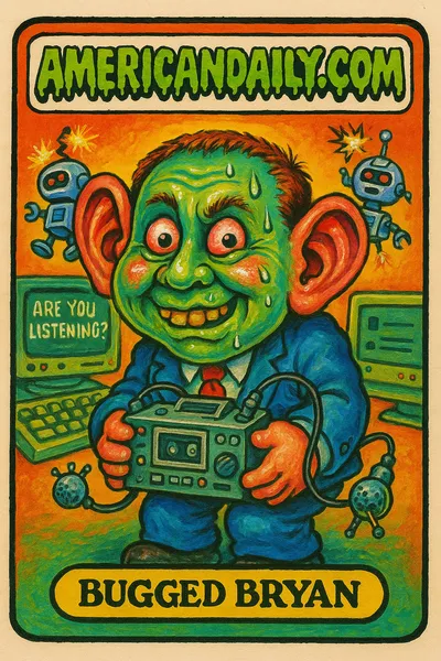 A satirical card depicting Bugged Bryan, a character with massive eavesdropping ears holding a tape recorder, surrounded by malfunctioning AI robots in a chaotic office setting.