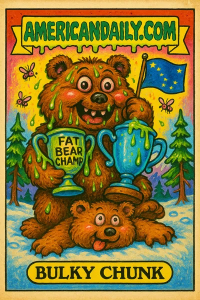A grotesque trading card of 'Bulky Chunk,' a bloated bear with an oversized head, holding a trophy with salmon and flies, set in an exaggerated Alaskan wilderness.