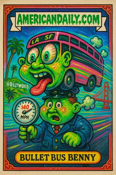 Bullet Bus Benny with a bus-shaped head speeding between L.A. and SF landmarks in a grotesque, humorous depiction.