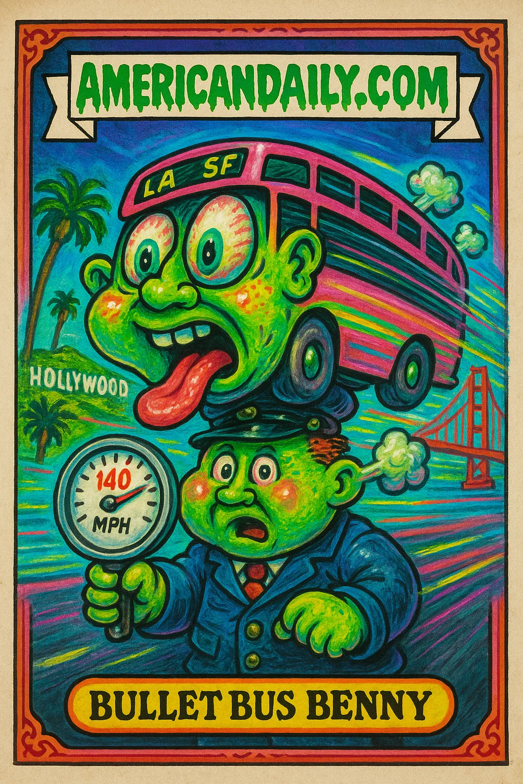Bullet Bus Benny with a bus-shaped head speeding between L.A. and SF landmarks in a grotesque, humorous depiction.