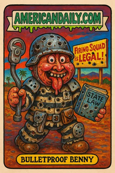 A grotesque character, 'Bulletproof Benny', smirking in a bullet-riddled prison suit, holding a parking meter and state law book, with a humorous 'Firing Squad is LEGAL!' billboard in the background.