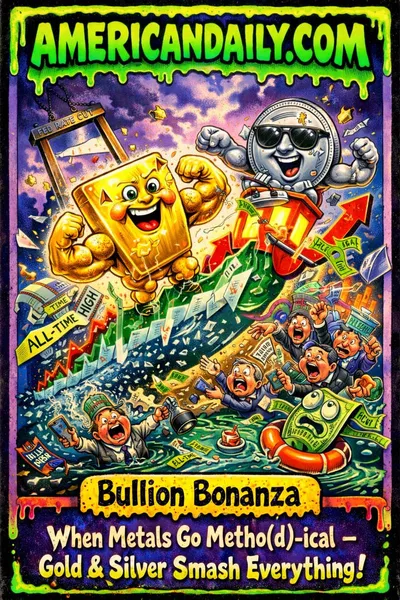 Cartoon trading card of a muscular gold bar and cool silver coin smashing through a price chart rocket, chased by frantic investors and a sinking dollar bill, with a slime-dripping "AMERICANDAILY.COM" banner and melting caption about metals smashing records.