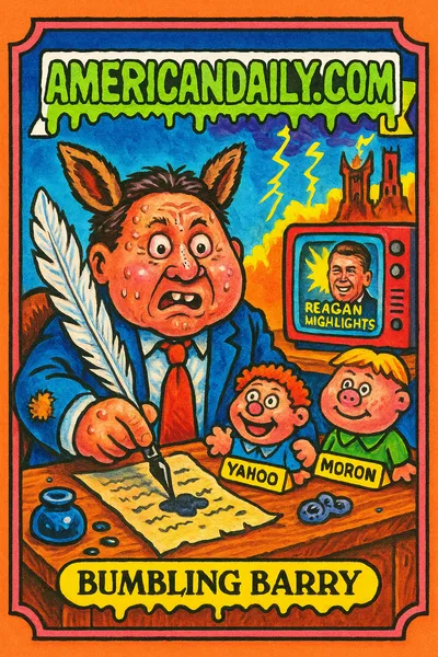 Garbage Pail Kids-style card of a confused politician surrounded by puppet advisors labeled 'Yahoo' and 'Moron', with a chaotic desk and a TV showing Reagan highlights.