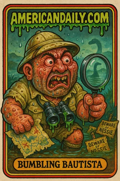 A grotesque, comical caricature of Dave Bautista as a monster hunter in the Scottish Highlands, surrounded by fog and slime-covered binoculars.