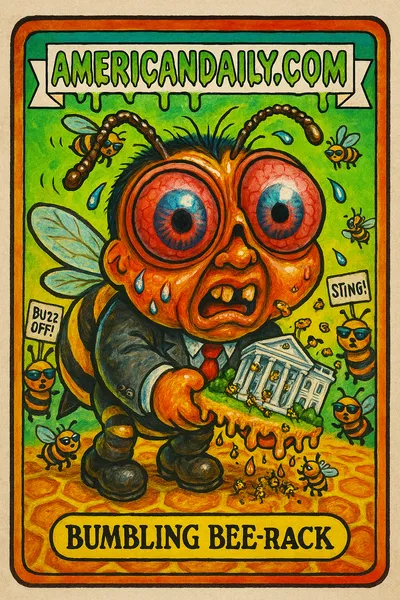 Garbage Pail Kids-style card depicting 'Bumbling Bee-rack', a comical bee-headed figure in a tattered suit, amid a bee swarm on the White House lawn.