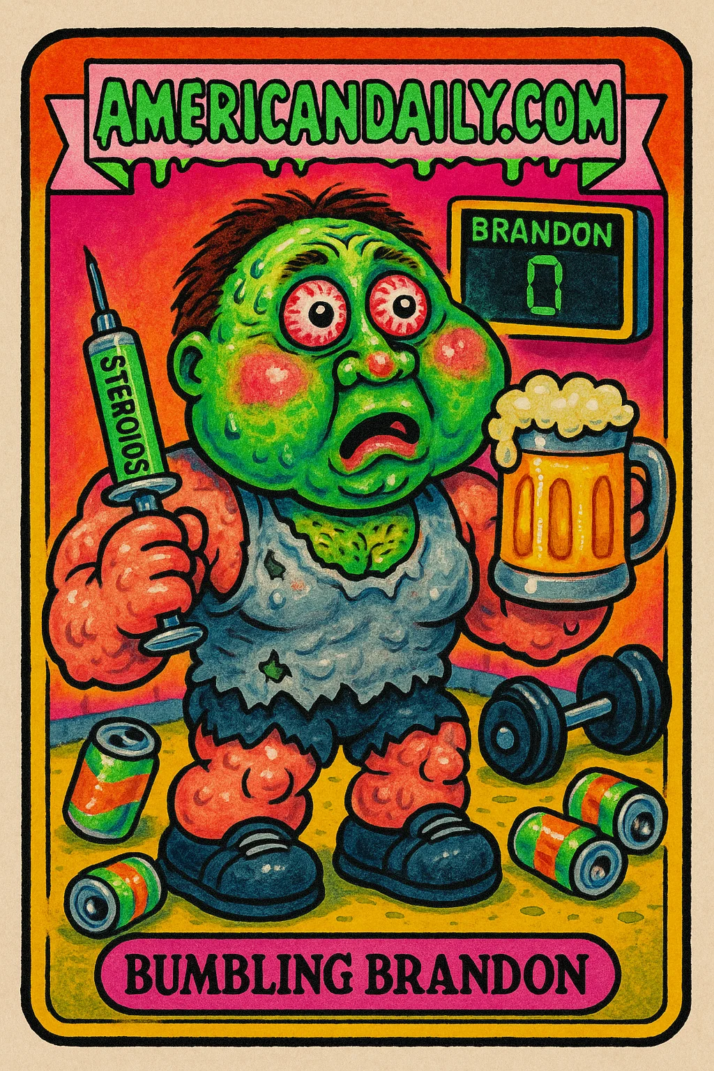 A grotesquely unhealthy bodybuilder with bulging eyes and uneven muscles holds beer and steroids, surrounded by gym chaos and a scoreboard reading '0'.