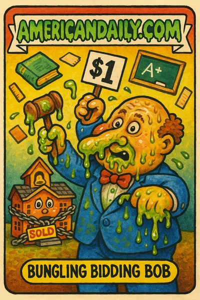 A grotesque auctioneer with a bulbous head and melting nose, holding a gavel and bid card amongst floating school items and a sold school building.