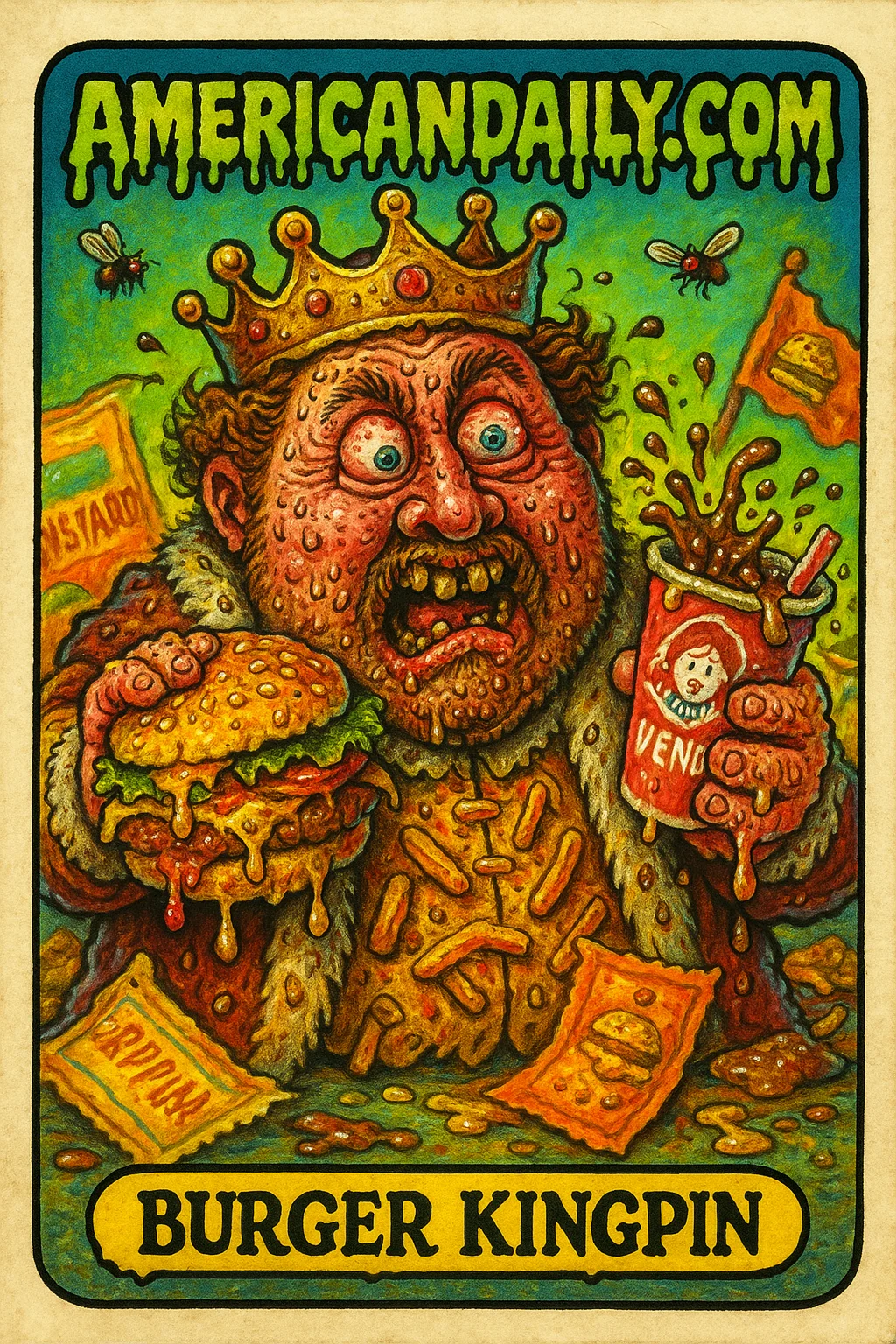 A grotesque, exaggerated Burger King character crushing a Wendy's cup, holding a dripping Whopper, in a fast-food battlefield setting.