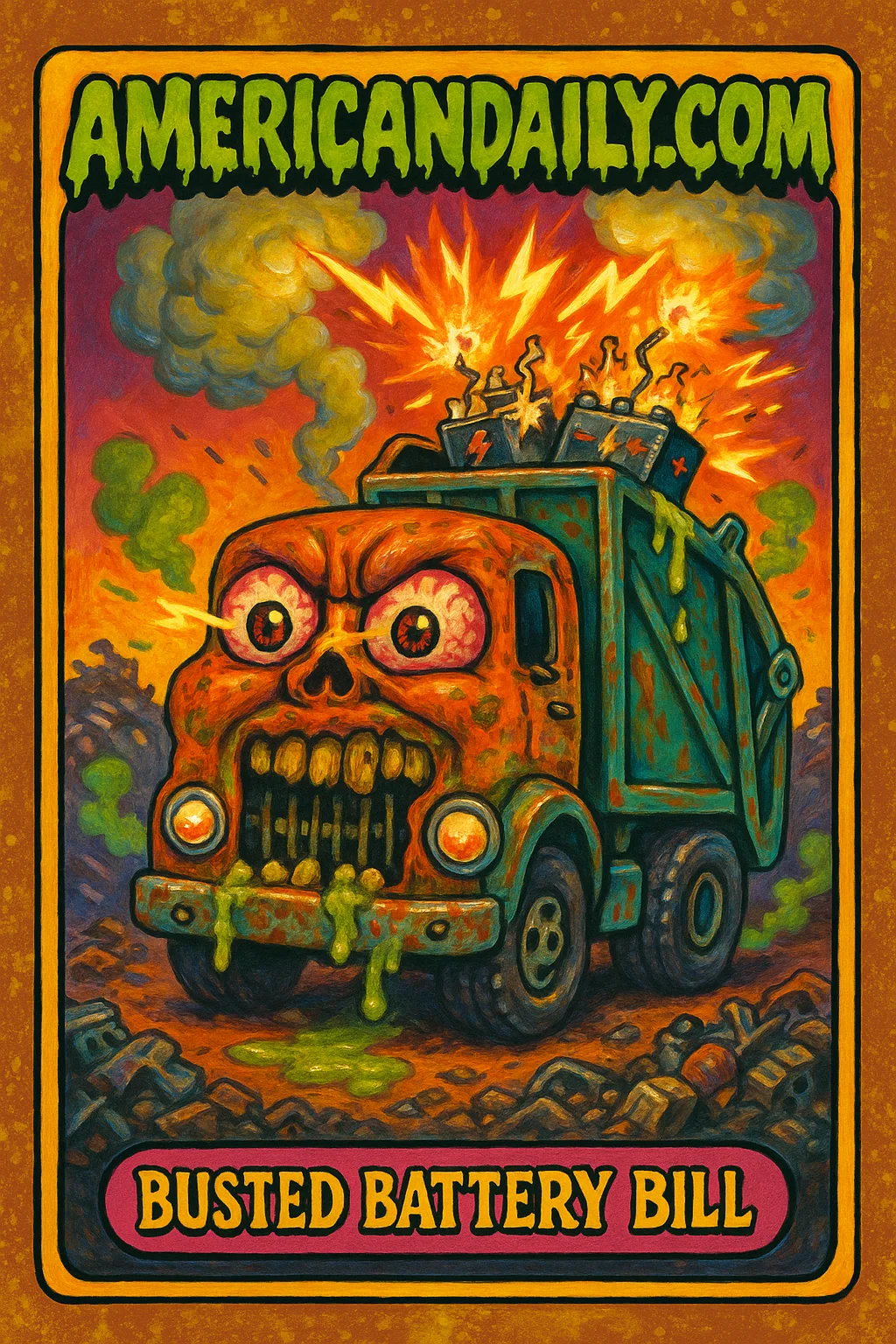 A grotesque garbage truck character, 'Busted Battery Bill', with bulging eyes and sparks, spews toxic fumes and battery acid in a chaotic junkyard.