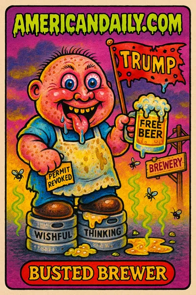 A grotesque brewery owner with oversized features, holding a 'Free Beer' mug and a tattered 'Trump' sign, surrounded by beer-soaked chaos.