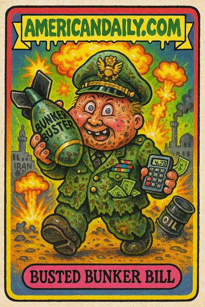 A grotesque caricature of a military general holding a large bomb labeled 'Bunker Buster', amid cartoon explosions and dollar signs swirling in a fiery background.