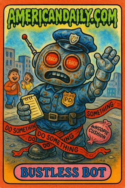 A grotesque robot cop with a blank ticket book and tangled in police tape, representing failure in tech-police integration.