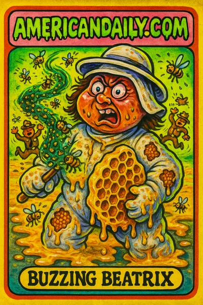 A wild-eyed beekeeping advocate named Buzzing Beatrix stands with a honeycomb shield and bees buzzing in chaotic tornadoes around sheriff deputies.