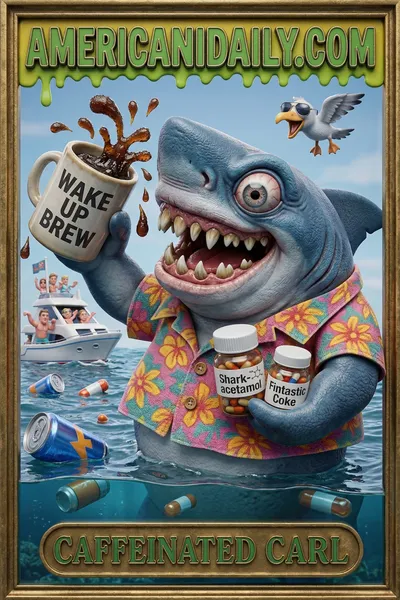 A cartoonishly ugly shark in a Hawaiian shirt holds a coffee mug and pill bottles, surrounded by a partying yacht scene with litter. — 3D version