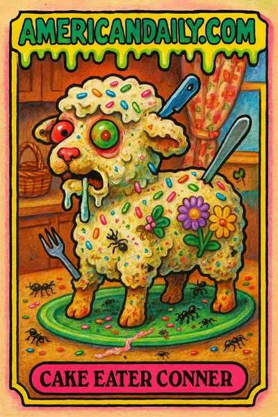 A satirical trading card depicting a grotesque Easter lamb cake with buttercream eyes and jelly bean features in a colorful, exaggerated style.