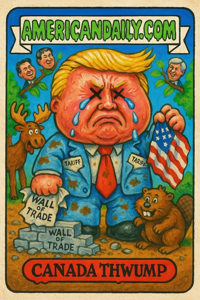 A grotesque caricature of Trump as 'Canada Thwump', pouting with bulging eyes, holding a torn flag and NAFTA agreement amidst mocking Canadian wildlife.