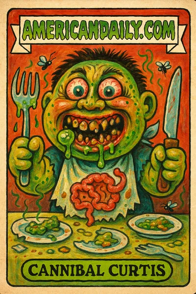 Cannibal Curtis, a grotesque character with sickly green skin and jagged teeth, holds oversized utensils at a chaotic dining table. The scene is cartoonishly gross.