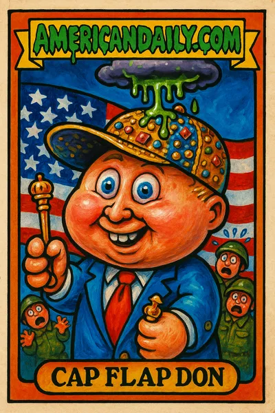 Satirical trading card showing Trump with a blingy cap and oversized animated hand, disrupting a military ceremony in a cartoonish scene.