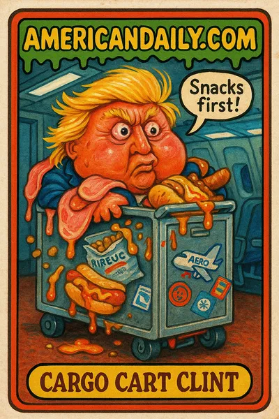 A grotesque cartoon of Trump crammed into a catering cart on an airplane, surrounded by airline snacks. Humorous and exaggerated parody depiction.