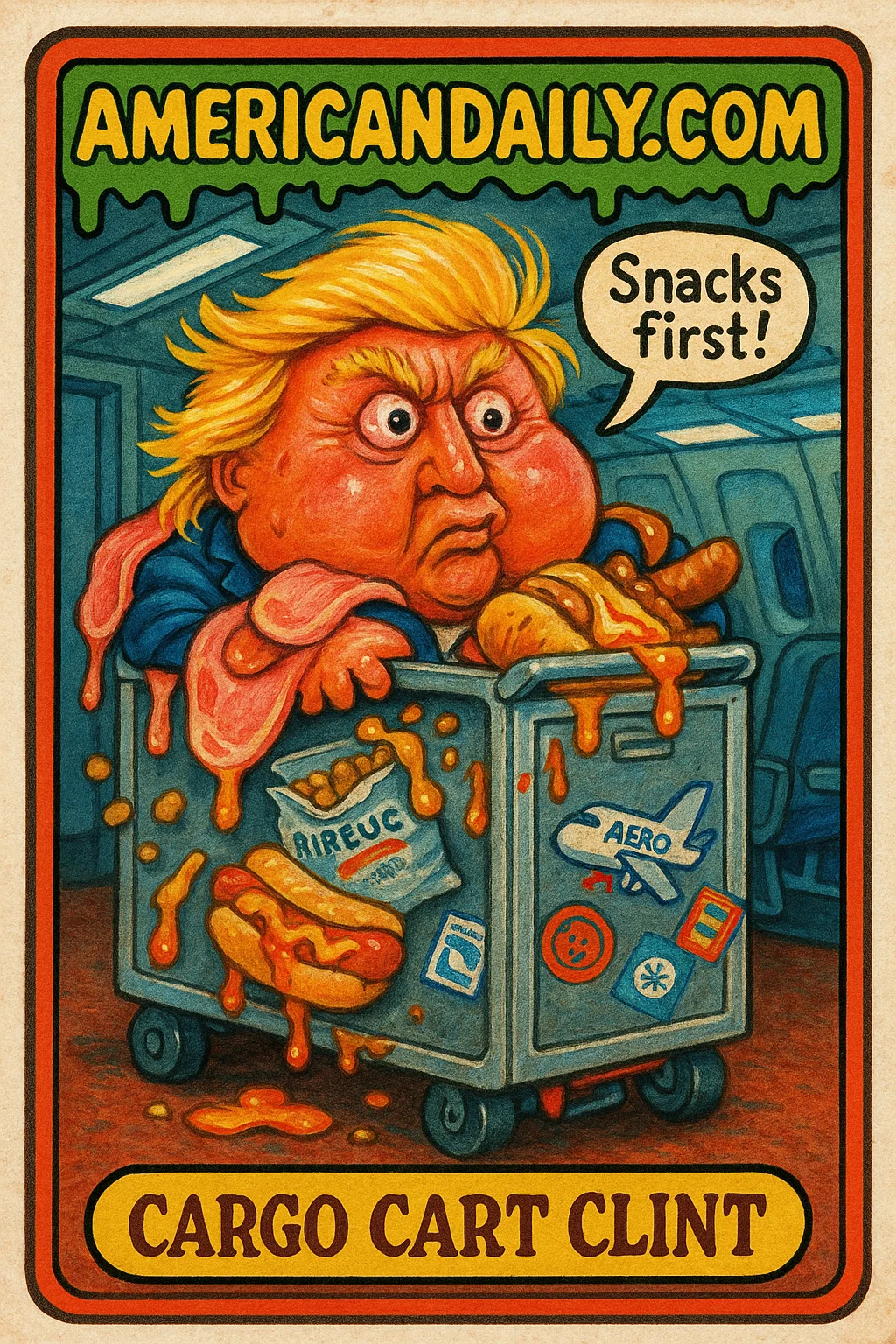A grotesque cartoon of Trump crammed into a catering cart on an airplane, surrounded by airline snacks. Humorous and exaggerated parody depiction.