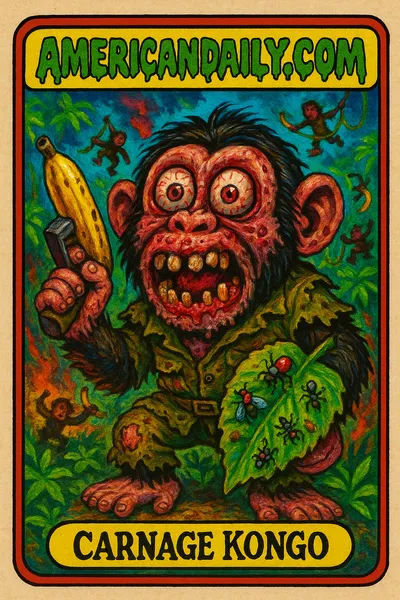 A satirical Garbage Pail Kid-style trading card featuring 'Carnage Kongo', a grotesquely exaggerated chimpanzee in a jungle war zone, wielding a banana-missile launcher and leafy shield amid battling chimpanzees.