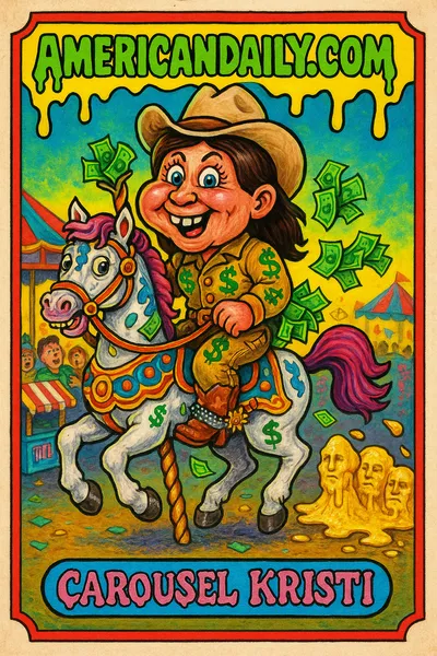 Trading card of Kristi Noem on a carousel horse with awkward real horse legs, towing a butter Mount Rushmore at a chaotic fairground.