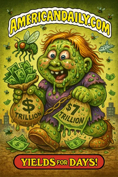 Grotesque money monster sitting on cash pile holding '$7 Trillion' sign, broken thermometer 'Rate Cuts?' leaking cash, banner 'AMERICANDAILY.COM', caption 'Yield's Out, Rate's Doubt!