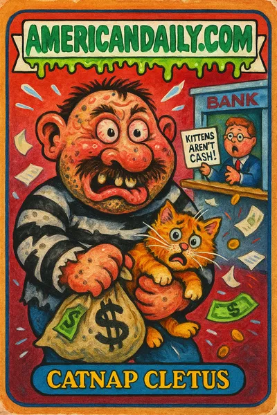 Grotesque depiction of a thief with oversized features attempting to rob a bank in messy chaos, holding a cute, terrified kitten.