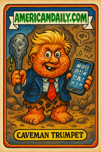 A grotesque 'Caveman Trumpet' trading card, featuring a prehistoric styled Trump with a giant smartphone and club, set in a modernized cave.