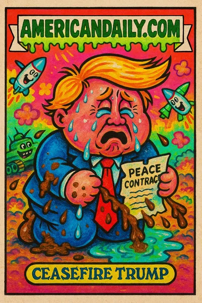 Grotesque cartoon of Trump groveling with exaggerated tears, shredded contract, mocked by cartoon missiles and tanks.