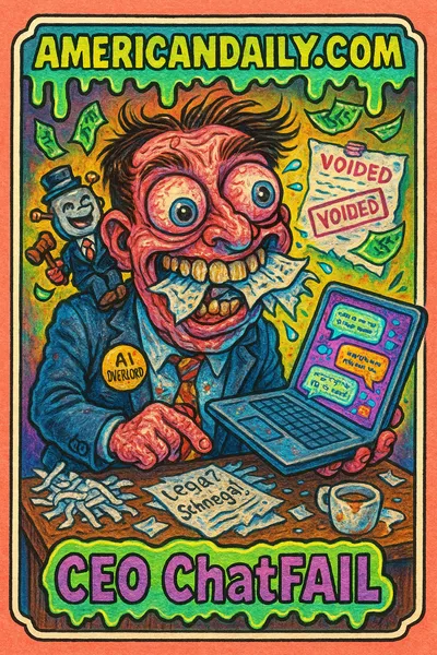 A grotesque CEO with papers bursting from his mouth, holds a glitchy chat bubble, while a smirking AI sits with a broken gavel.
