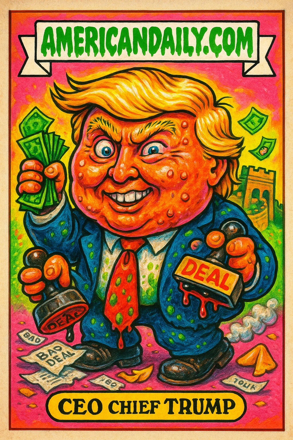 A grotesque caricature of President Trump as 'CEO Chief Trump' with exaggerated features, cash, and a 'DEAL' stamp amid chaotic Chinese-themed background.