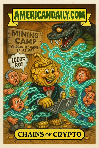 Parody trading card: monstrous crypto overlord dragging chained investors by glowing "hash-link" chains, holding a coin in one hand and a pickaxe in the other. In the background are forced labor camps, guard towers, mining silhouettes. Top banner reads "AMERICANDAILY.COM."