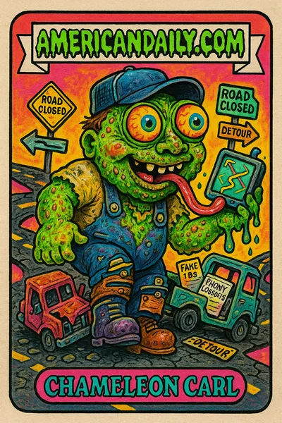 A grotesque trading card of 'Chameleon Carl', a trucker with chameleon traits and fraudulent props, standing amidst fake documents and broken roads.