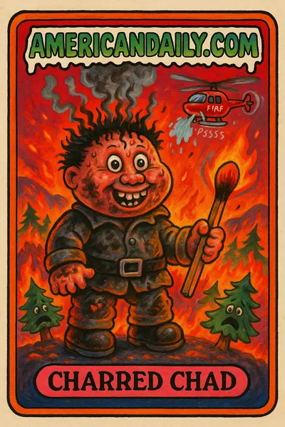 A satirical trading card featuring Charred Chad, a grotesque, soot-covered figure with wild, scorched hair, dressed in an oversized firefighter uniform. Clutching a large alight matchstick with smoky background.