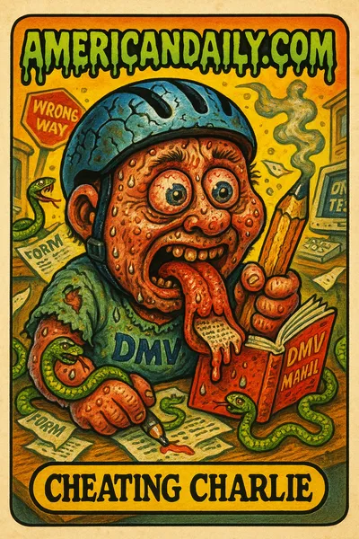 The 'Cheating Charlie' card depicts a grotesque DMV test-taker caught cheating, with exaggerated features in a chaotic DMV setting.