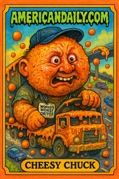 A grotesque truck driver with a cheese-ball head causing a freeway chaos. Bright neon oranges dominate, with cheese balls rolling across lanes.
