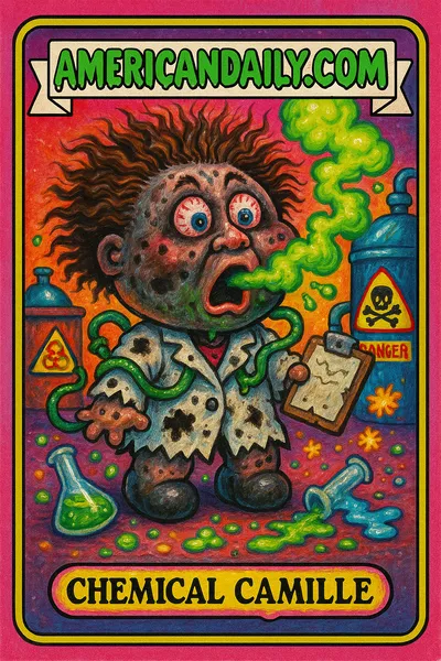 Grotesque cartoon card of 'Chemical Camille', a wild-haired figure amidst a chemical implosion, with toxic fumes and vibrant chaos. Funny and grotesque.