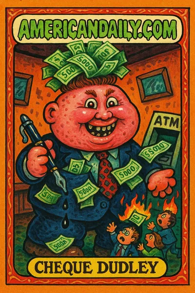 A grotesque character named Cheque Dudley with a toupee of dollar bills, surrounded by burning $5,000 checks in a decrepit boardroom.