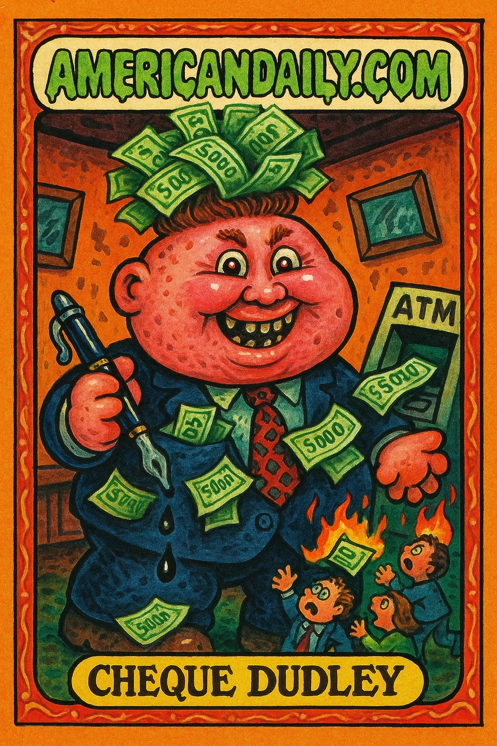 A grotesque character named Cheque Dudley with a toupee of dollar bills, surrounded by burning $5,000 checks in a decrepit boardroom.