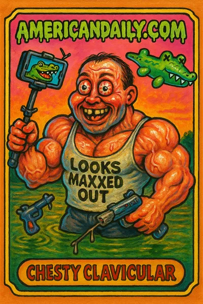 Trading card of 'Chesty Clavicular', a grotesquely muscled influencer, unsuccessfully taking on an inflatable alligator with comically malfunctioning gear in a swamp.