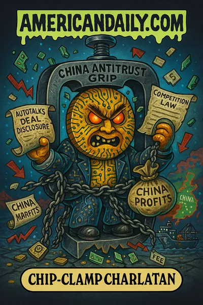 Grotesque parody trading card: a circuit-skinned overlord "Chip-Clamp Charlatan" sits trapped in a large clamp labeled "China Antitrust Grip," holding a scroll "Autotalks Deal Disclosure" and a sack "China Profits." Chains of patent symbols bind his limbs. Broken chip shards and falling stock tickers swirl around. In the background, map of China with port docks and U.S. ships paying docking fees. Top banner "AMERICANDAILY.COM."