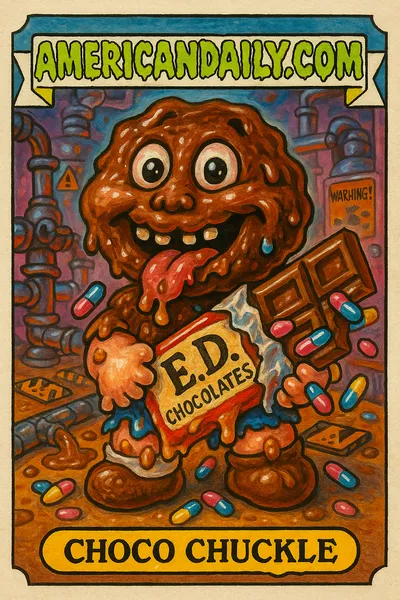 Grotesque cartoon character Choco Chuckle with a chocolate bar head and a factory background, lampooning the unusual chocolate drug recall.