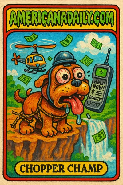 A grotesque cartoon of a dog in a helicopter pilot helmet on a waterfall cliff, with ropes tangled around its legs and dollars raining down.