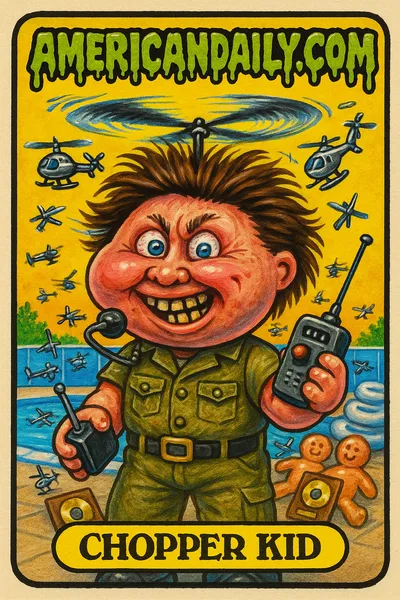Satirical trading card showing 'Chopper Kid', a parody of a saluting male figure with helicopter hair, poolside with toy choppers.