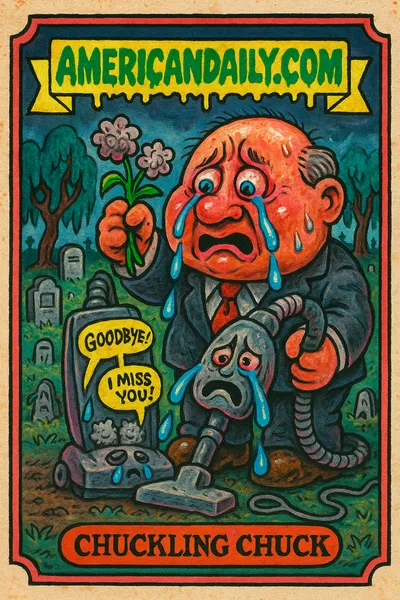 A senator with an oversized head cries at a vacuum's funeral, holding dust bunny flowers and a weeping vacuum, invoking humorous shock.